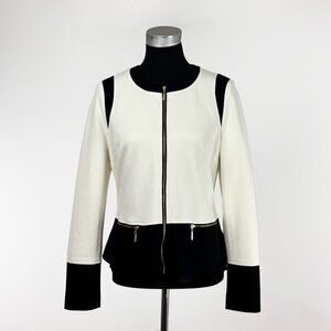 WHBM Colorblock Zip Up Jacket, White & Black Stretch Collarless Blazer, sz 8